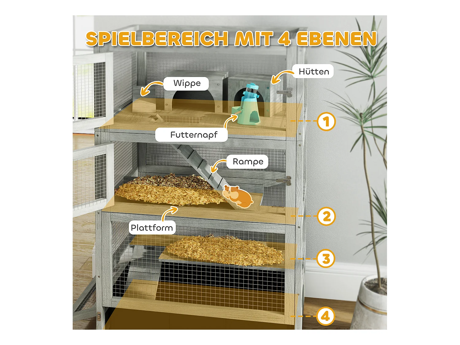 Cage pour hamster nain en bois, à 4 niveaux avec accessoires, gris (65x45x109 cm)