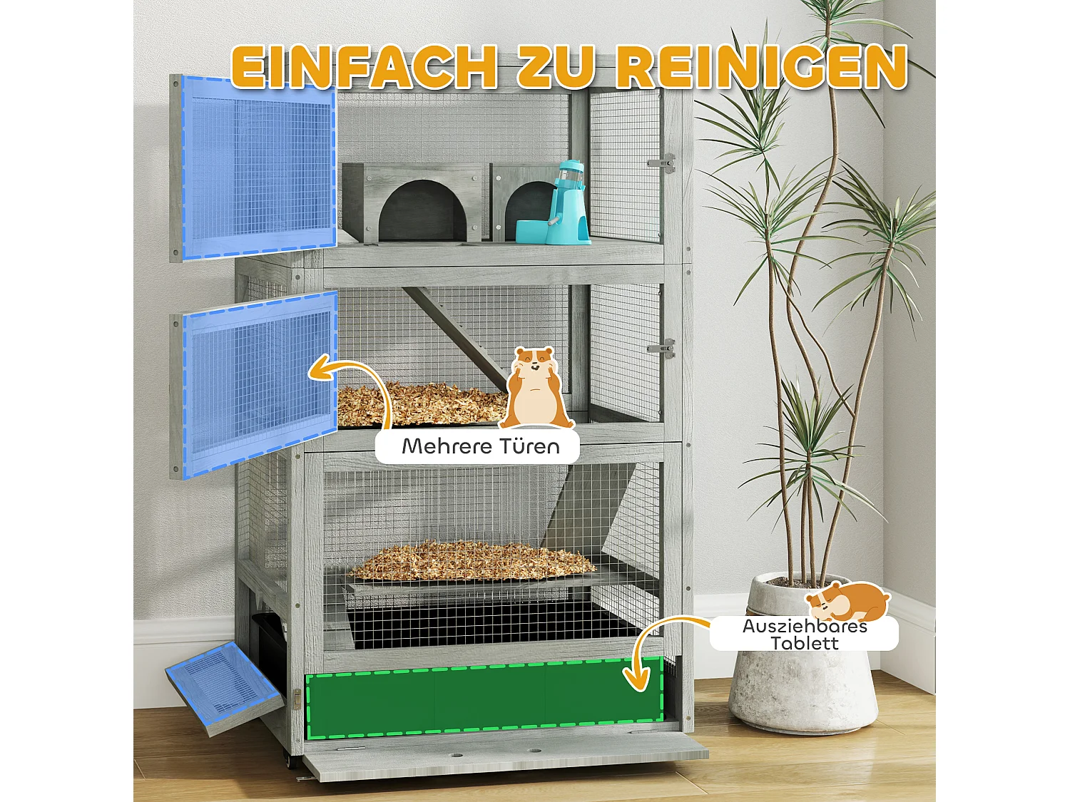 Cage pour hamster nain en bois, à 4 niveaux avec accessoires, gris (65x45x109 cm)