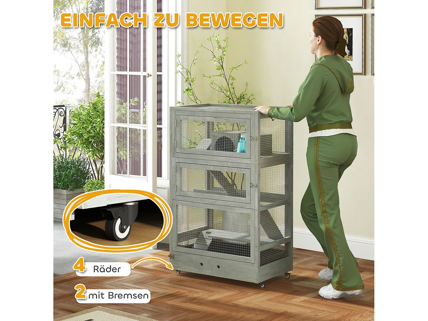 Cage pour hamster nain en bois, à 4 niveaux avec accessoires, gris (65x45x109 cm)