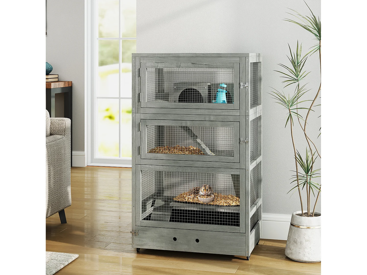 Cage pour hamster nain en bois, à 4 niveaux avec accessoires, gris (65x45x109 cm)