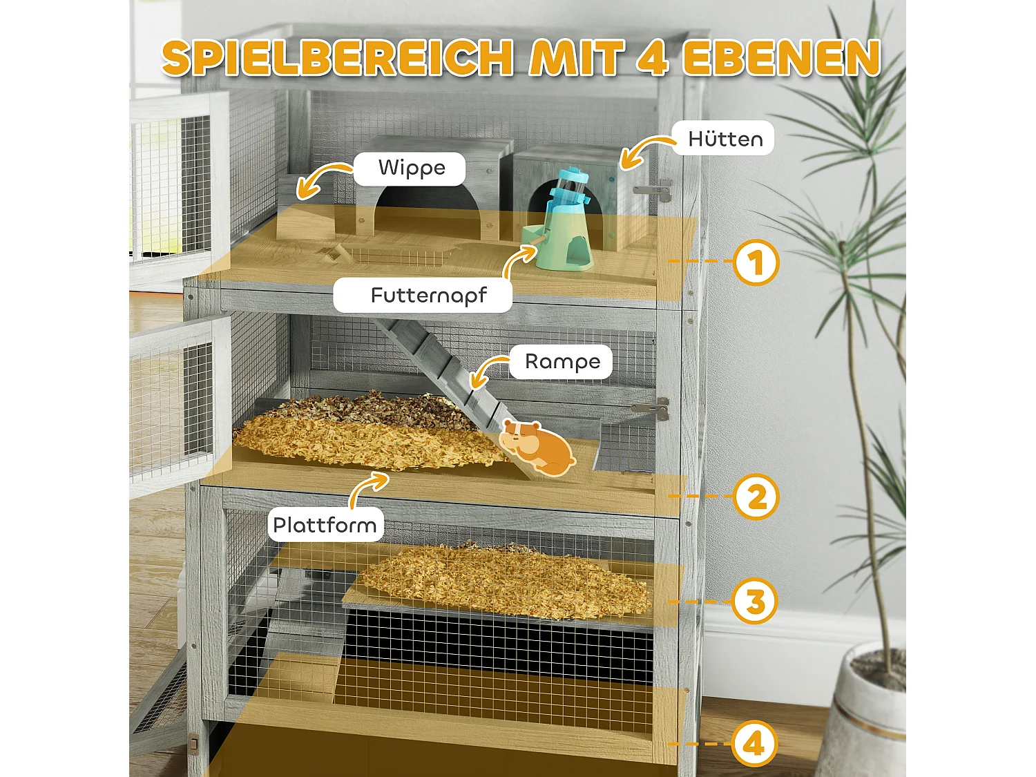 Cage pour hamster nain en bois, à 4 niveaux avec accessoires, gris (65x45x109 cm)