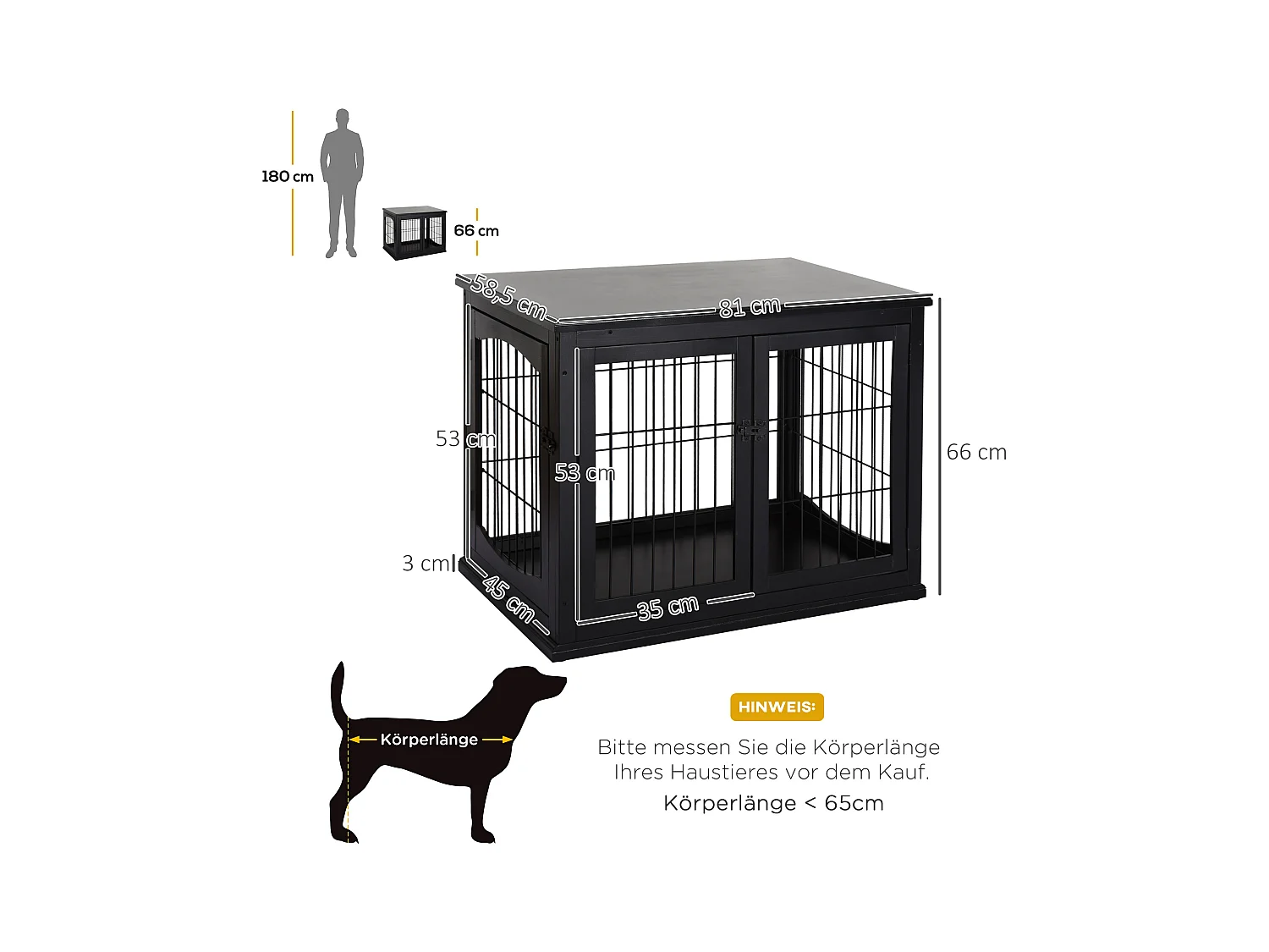 Cabane pour chien avec plateau de table, design pratique, MDF et métal, noir (81x58.5x66cm)
