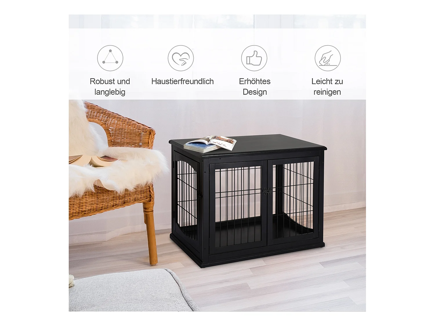 Cabane pour chien avec plateau de table, design pratique, MDF et métal, noir (81x58.5x66cm)
