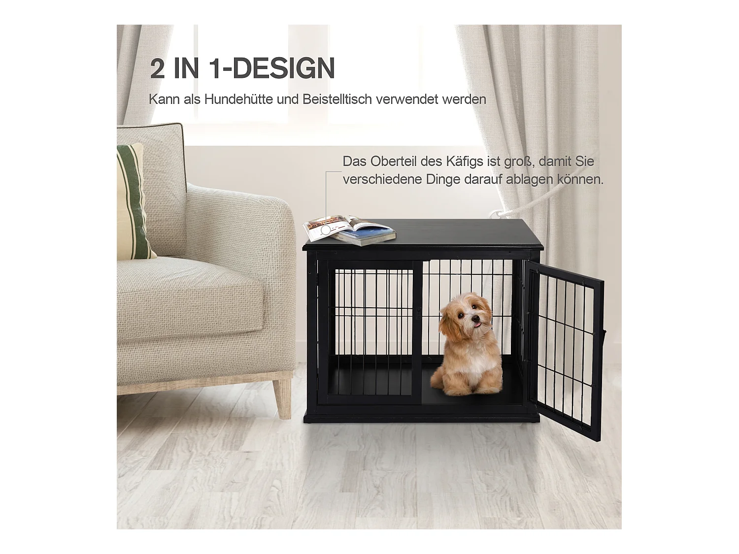 Cabane pour chien avec plateau de table, design pratique, MDF et métal, noir (81x58.5x66cm)