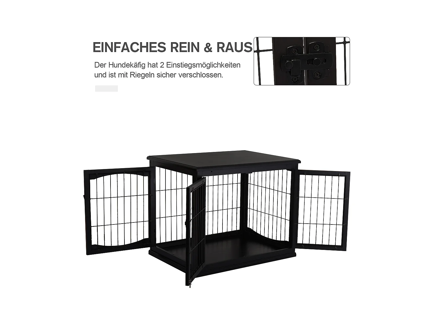 Cabane pour chien avec plateau de table, design pratique, MDF et métal, noir (81x58.5x66cm)