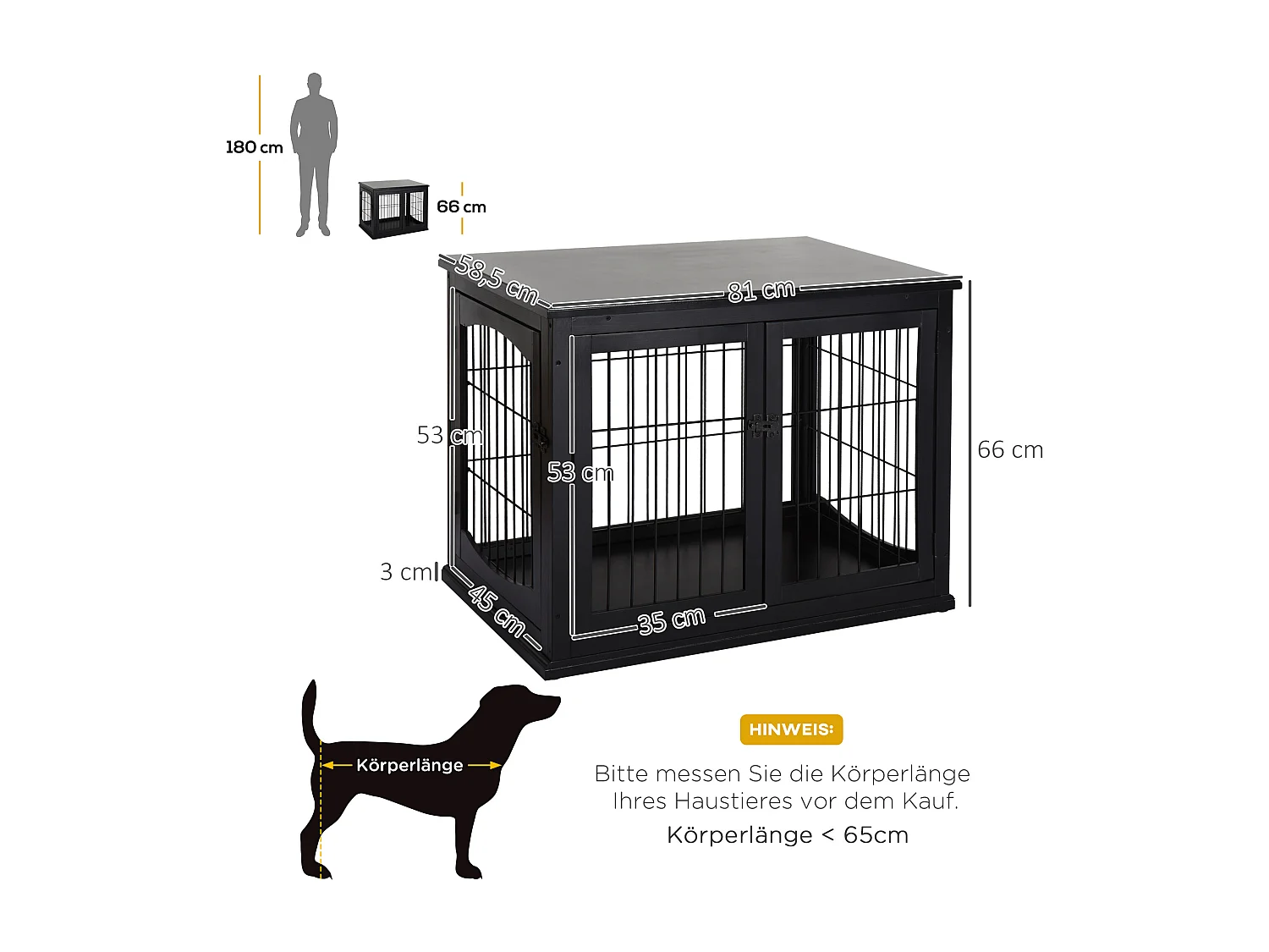 Cabane pour chien avec plateau de table, design pratique, MDF et métal, noir (81x58.5x66cm)