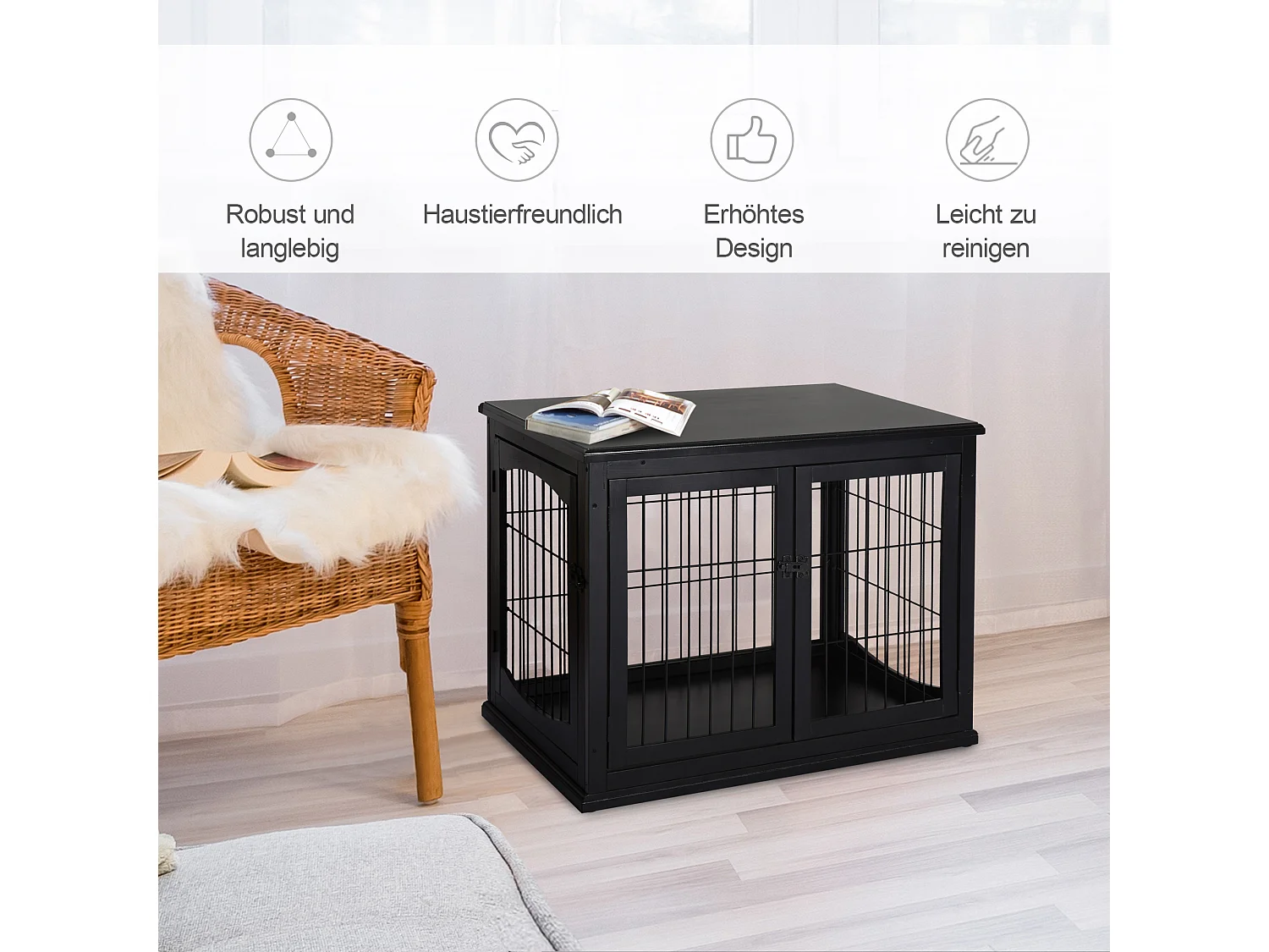 Cabane pour chien avec plateau de table, design pratique, MDF et métal, noir (81x58.5x66cm)