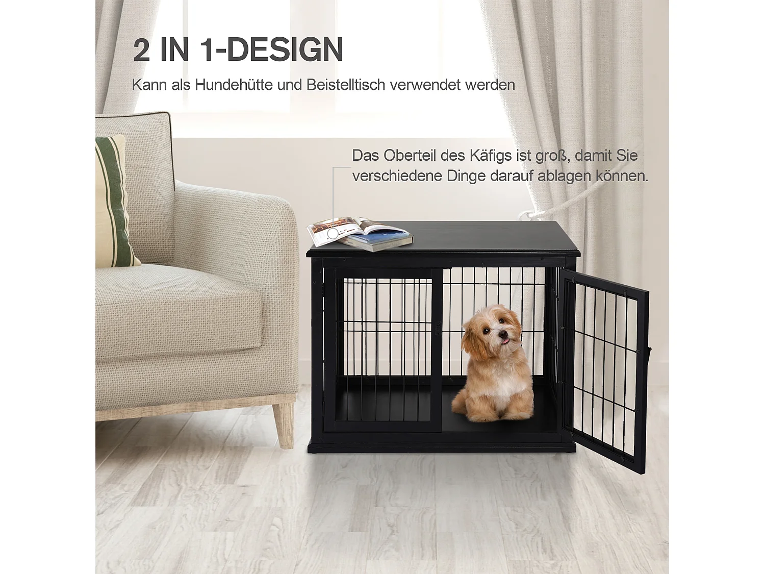Cabane pour chien avec plateau de table, design pratique, MDF et métal, noir (81x58.5x66cm)