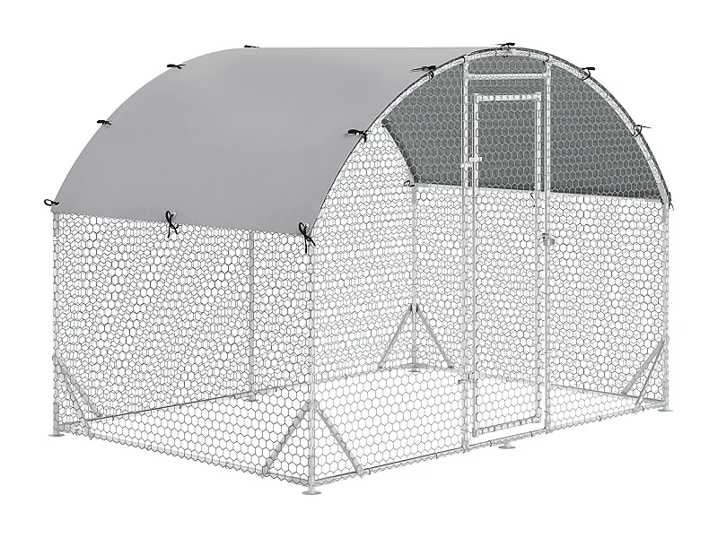 Enclos extérieur volaille acier, toit anti-UV, porte verrouillable, pour 4-6 poules/petits animaux, argenté (280x190x197cm)