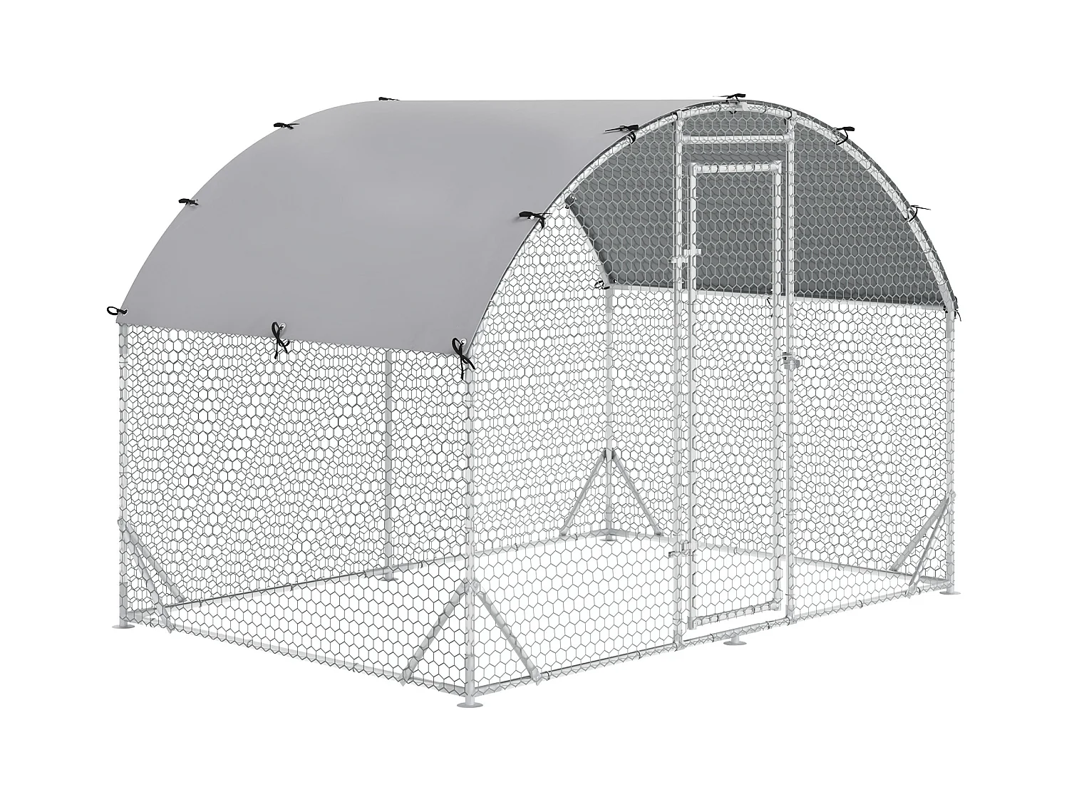 Enclos extérieur volaille acier, toit anti-UV, porte verrouillable, pour 4-6 poules/petits animaux, argenté (280x190x197cm)