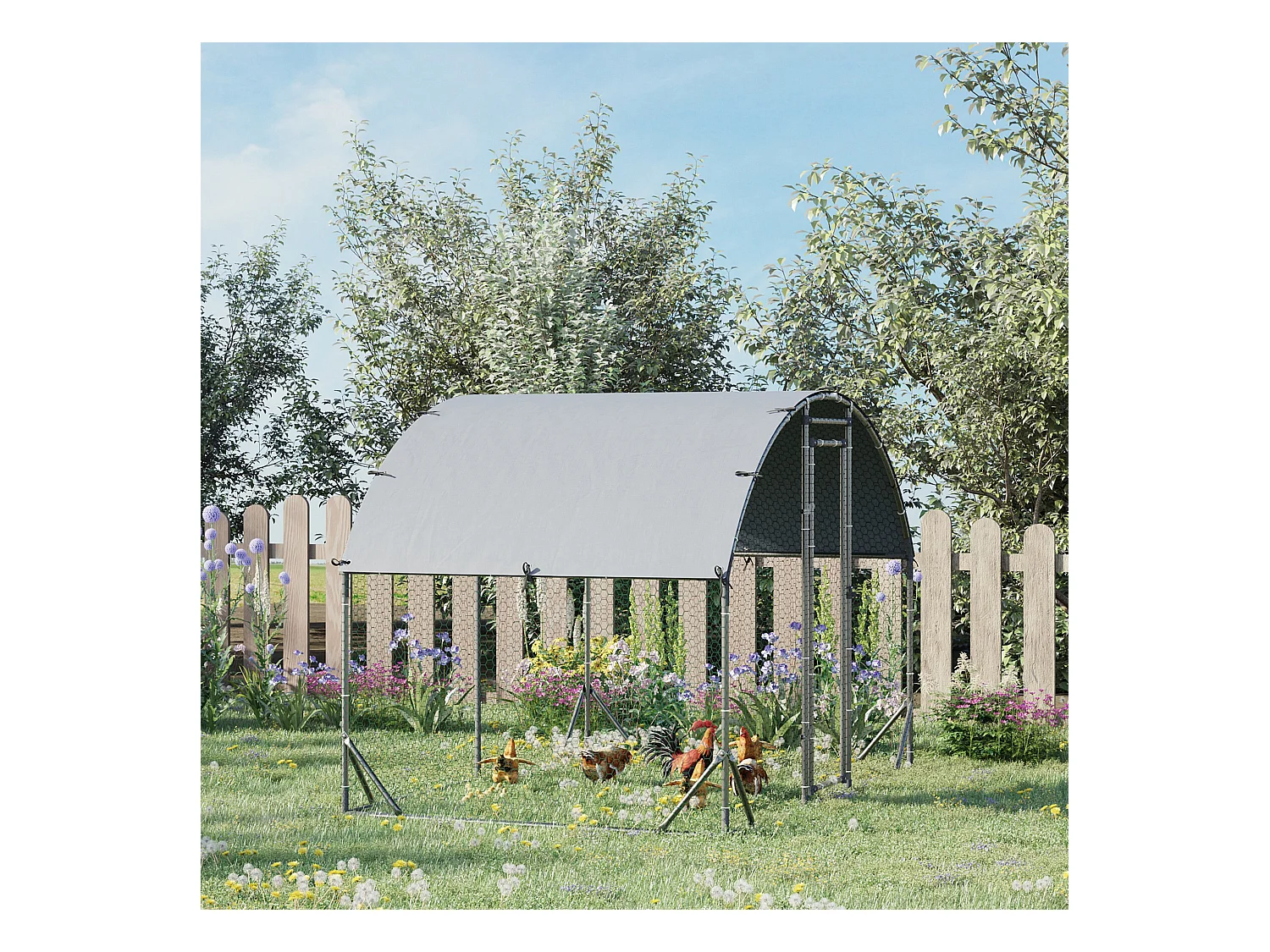 Enclos extérieur volaille acier, toit anti-UV, porte verrouillable, pour 4-6 poules/petits animaux, argenté (280x190x197cm)