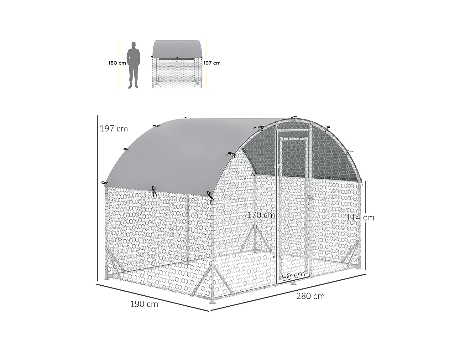 Enclos extérieur volaille acier, toit anti-UV, porte verrouillable, pour 4-6 poules/petits animaux, argenté (280x190x197cm)