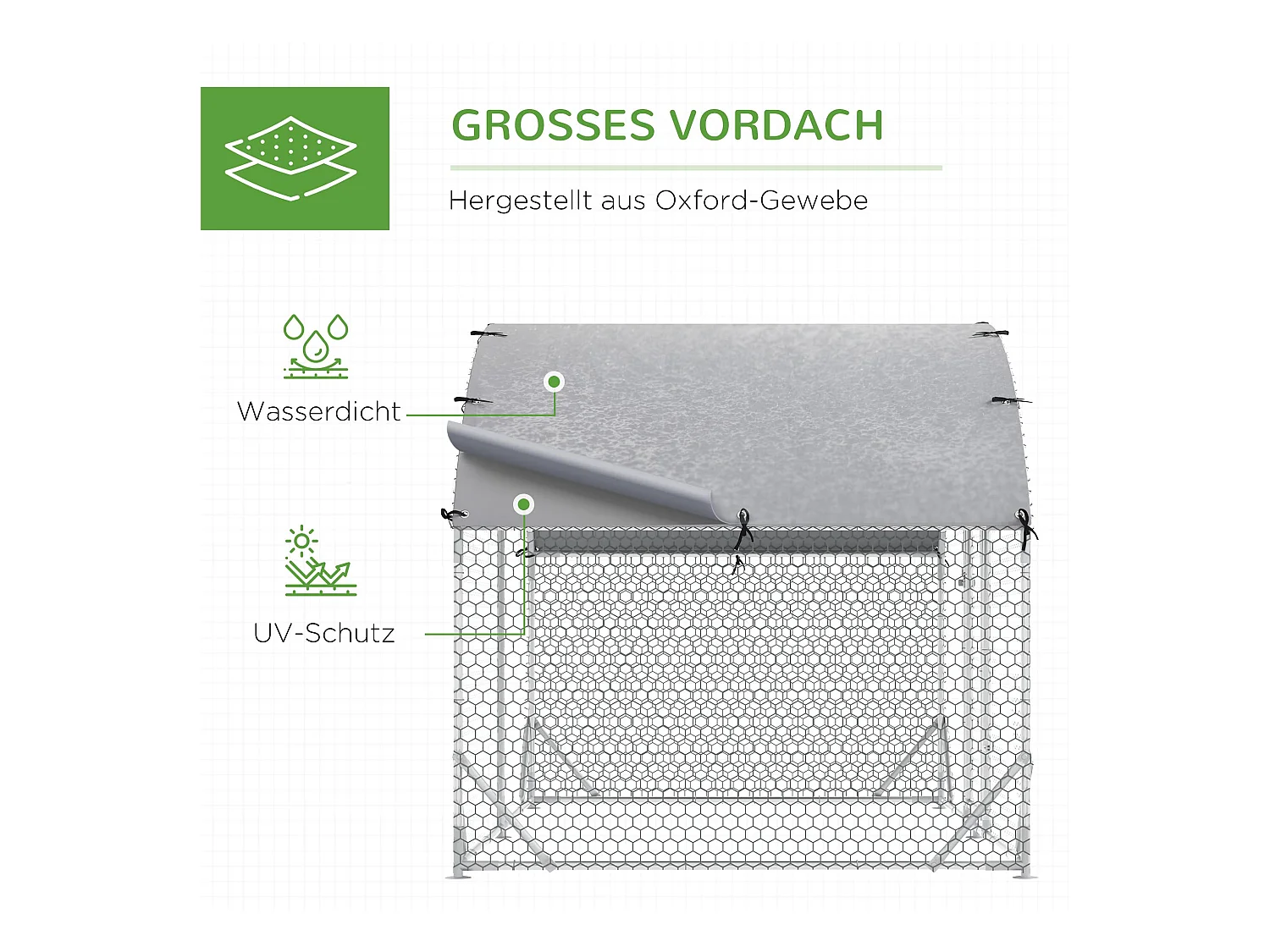 Enclos extérieur volaille acier, toit anti-UV, porte verrouillable, pour 4-6 poules/petits animaux, argenté (280x190x197cm)