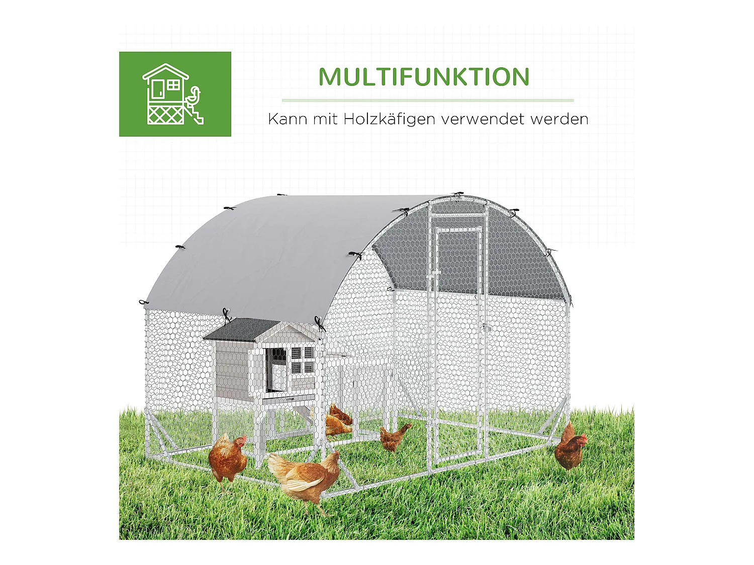 Enclos extérieur volaille acier, toit anti-UV, porte verrouillable, pour 4-6 poules/petits animaux, argenté (280x190x197cm)