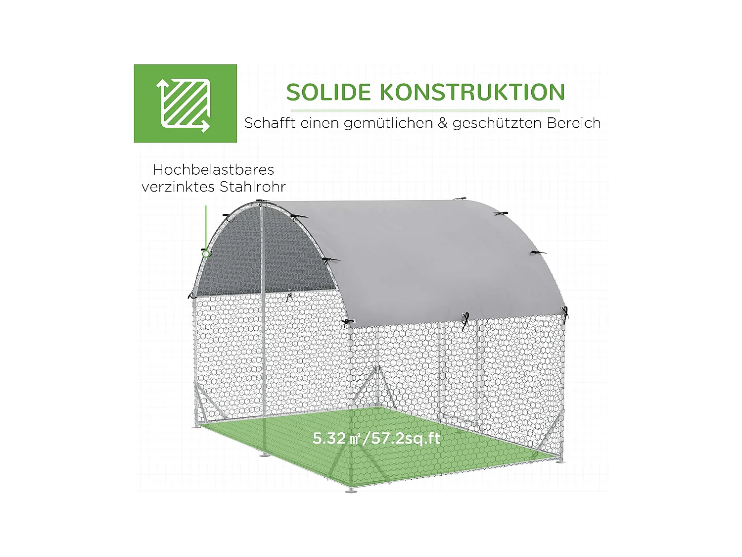 Enclos extérieur volaille acier, toit anti-UV, porte verrouillable, pour 4-6 poules/petits animaux, argenté (280x190x197cm)