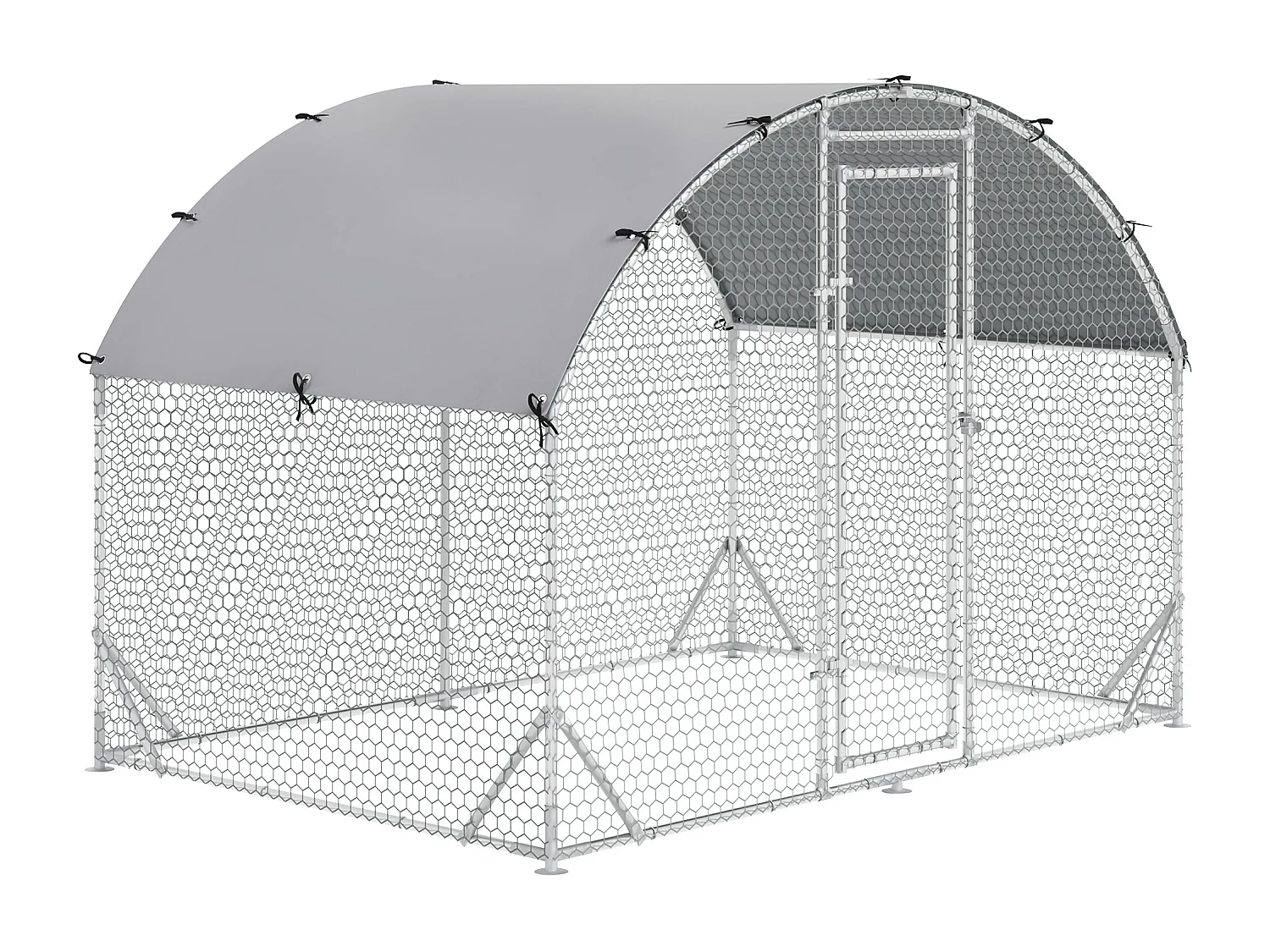 Enclos extérieur volaille acier, toit anti-UV, porte verrouillable, pour 4-6 poules/petits animaux, argenté (280x190x197cm)