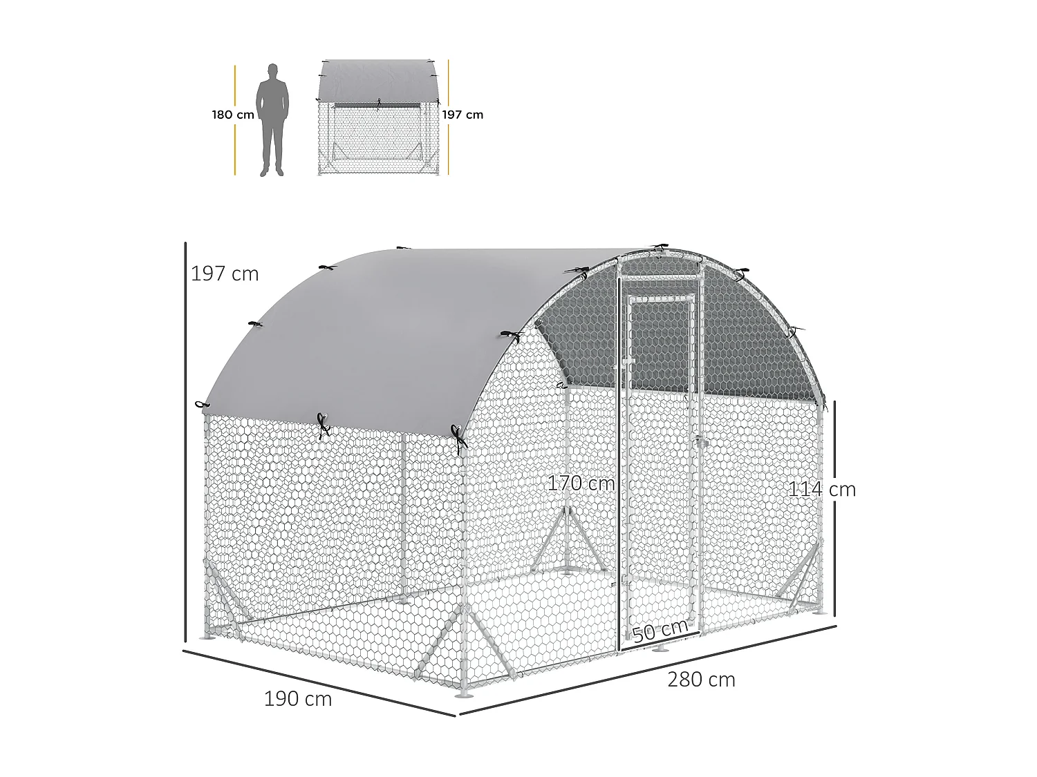 Enclos extérieur volaille acier, toit anti-UV, porte verrouillable, pour 4-6 poules/petits animaux, argenté (280x190x197cm)