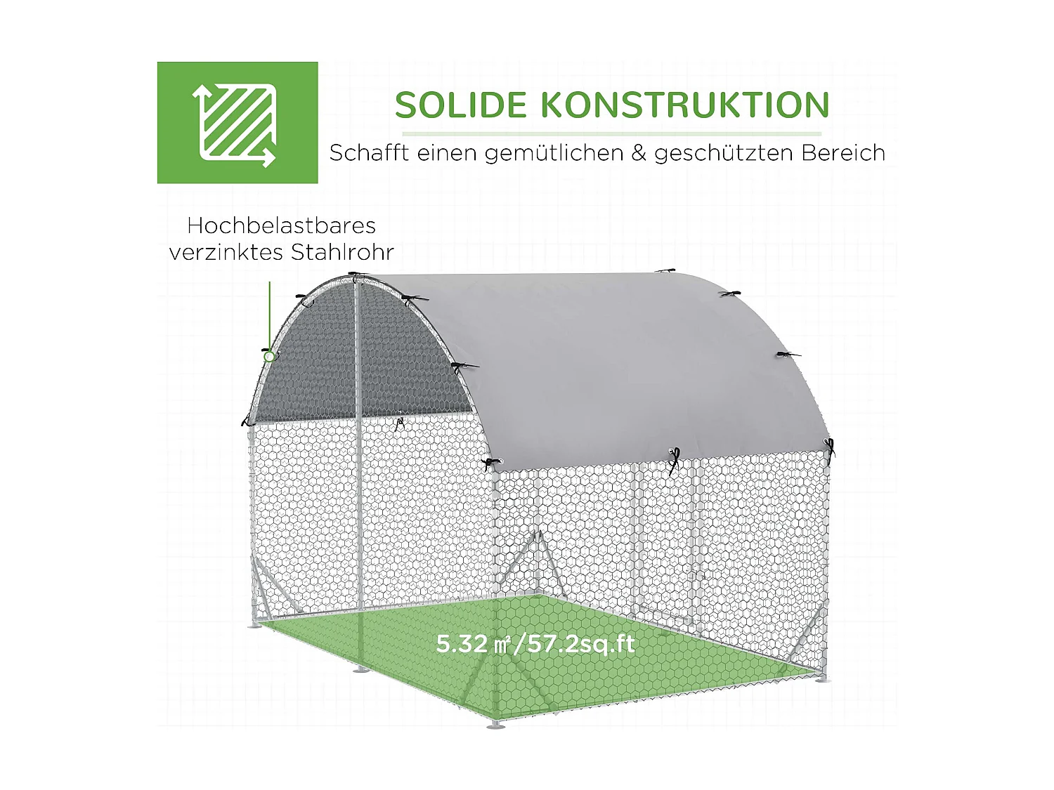 Enclos extérieur volaille acier, toit anti-UV, porte verrouillable, pour 4-6 poules/petits animaux, argenté (280x190x197cm)