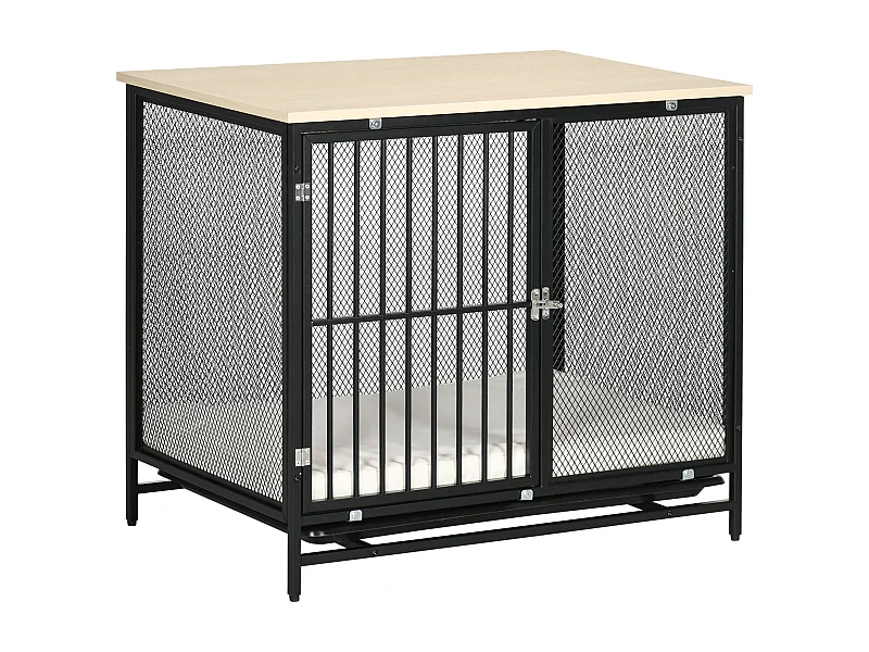 Cage pour chien avec plateau de table, maison de chien avec coussin, tiroir amovible, contreplaqué, chêne et noir (80x55x71cm)