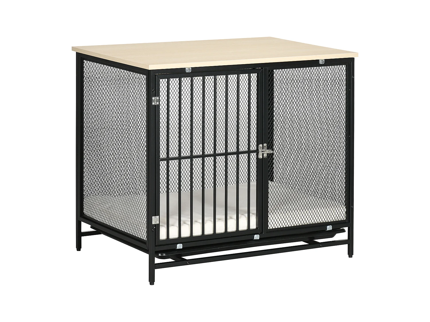 Cage pour chien avec plateau de table, maison de chien avec coussin, tiroir amovible, contreplaqué, chêne et noir (80x55x71cm)