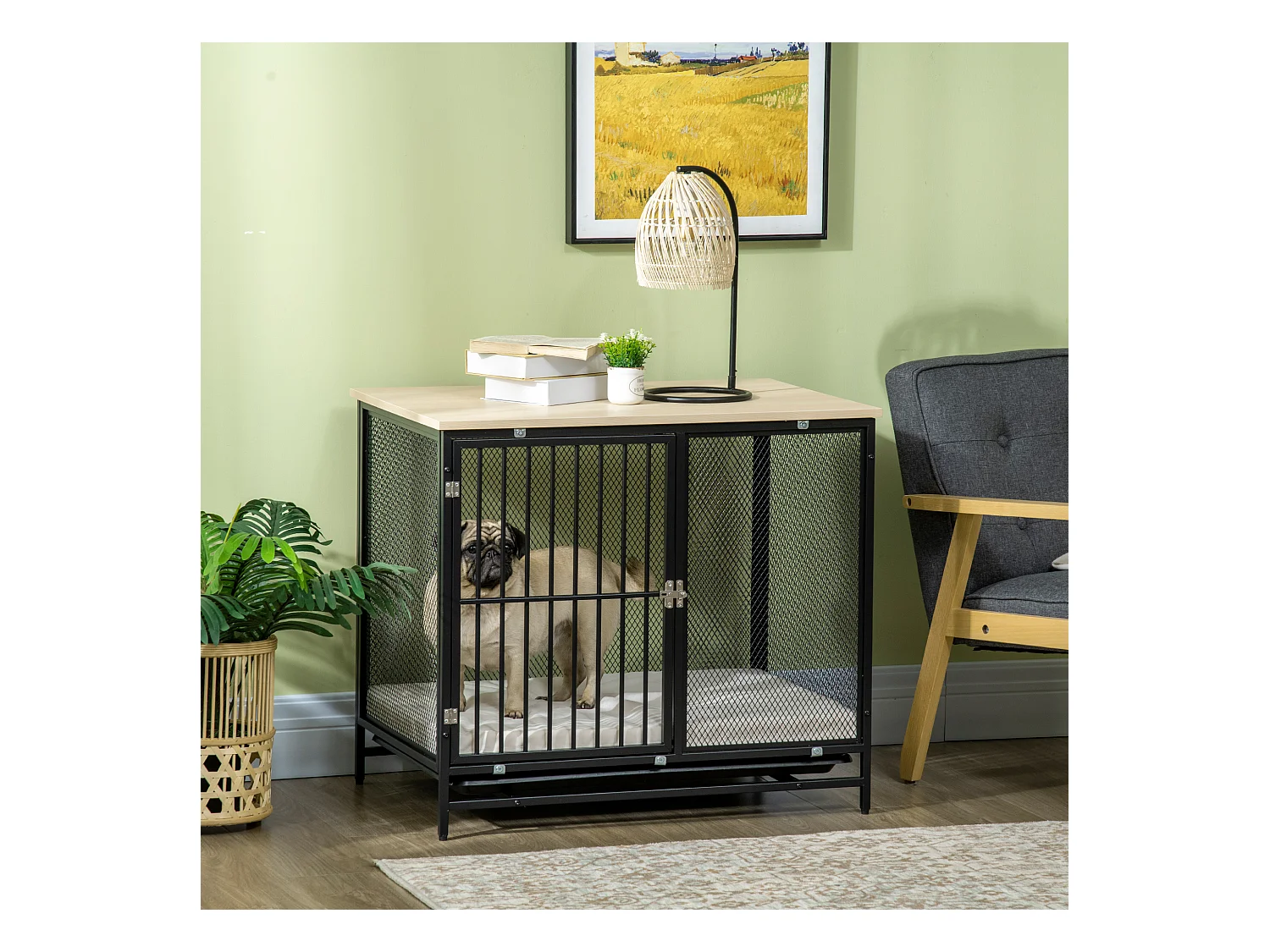 Cage pour chien avec plateau de table, maison de chien avec coussin, tiroir amovible, contreplaqué, chêne et noir (80x55x71cm)