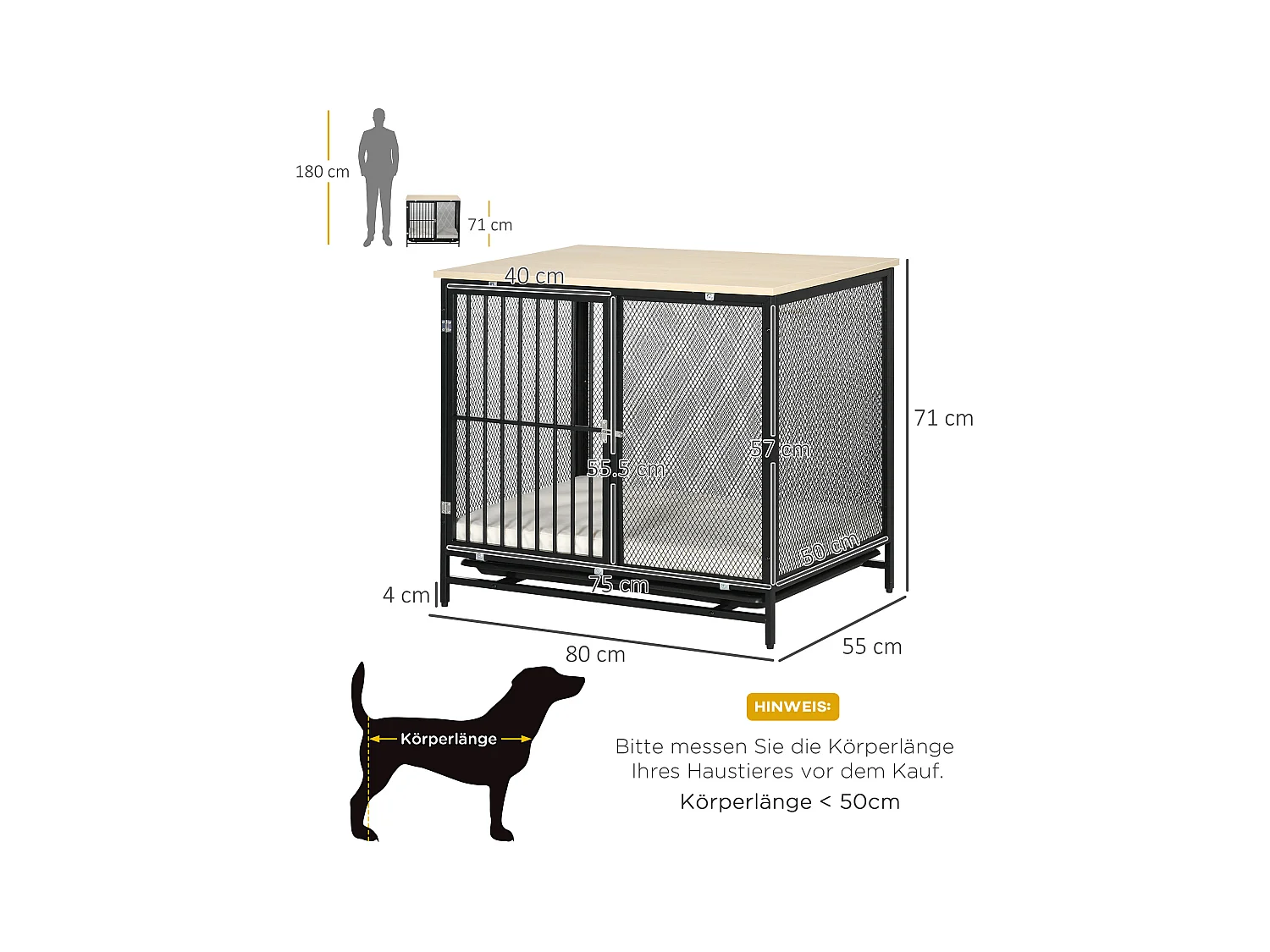 Cage pour chien avec plateau de table, maison de chien avec coussin, tiroir amovible, contreplaqué, chêne et noir (80x55x71cm)