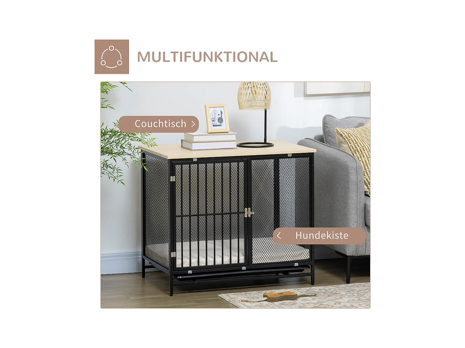 Cage pour chien avec plateau de table, maison de chien avec coussin, tiroir amovible, contreplaqué, chêne et noir (80x55x71cm)