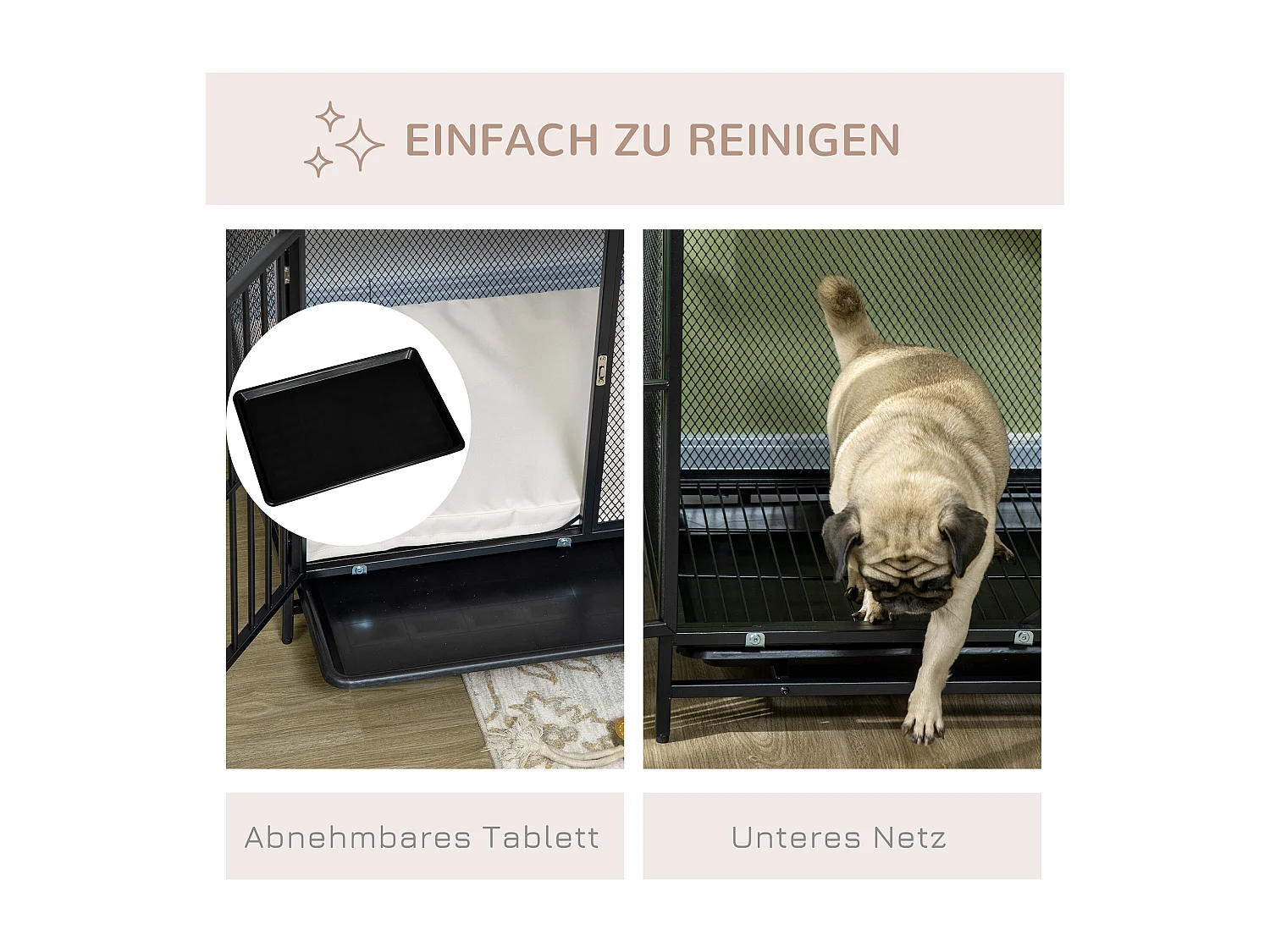 Cage pour chien avec plateau de table, maison de chien avec coussin, tiroir amovible, contreplaqué, chêne et noir (80x55x71cm)