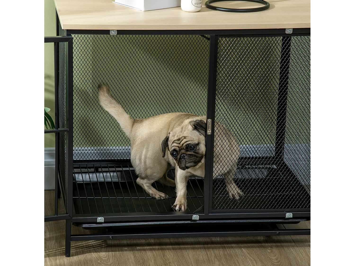 Cage pour chien avec plateau de table, maison de chien avec coussin, tiroir amovible, contreplaqué, chêne et noir (80x55x71cm)