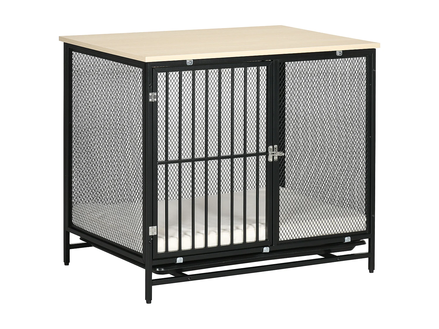 Cage pour chien avec plateau de table, maison de chien avec coussin, tiroir amovible, contreplaqué, chêne et noir (80x55x71cm)