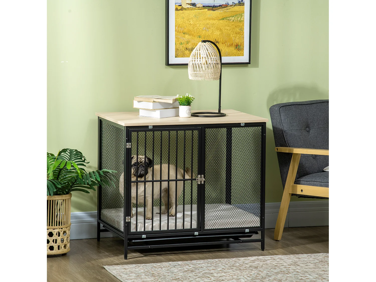 Cage pour chien avec plateau de table, maison de chien avec coussin, tiroir amovible, contreplaqué, chêne et noir (80x55x71cm)