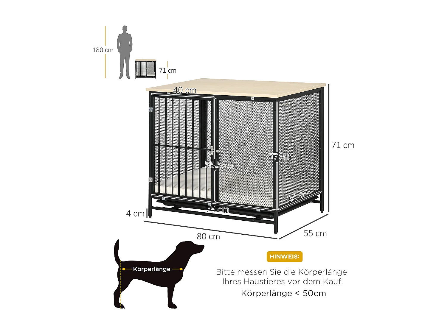 Cage pour chien avec plateau de table, maison de chien avec coussin, tiroir amovible, contreplaqué, chêne et noir (80x55x71cm)