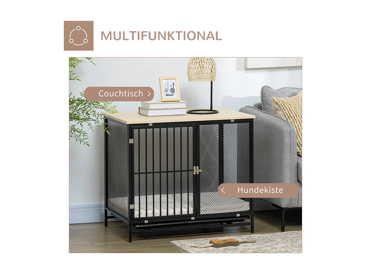 Cage pour chien avec plateau de table, maison de chien avec coussin, tiroir amovible, contreplaqué, chêne et noir (80x55x71cm)