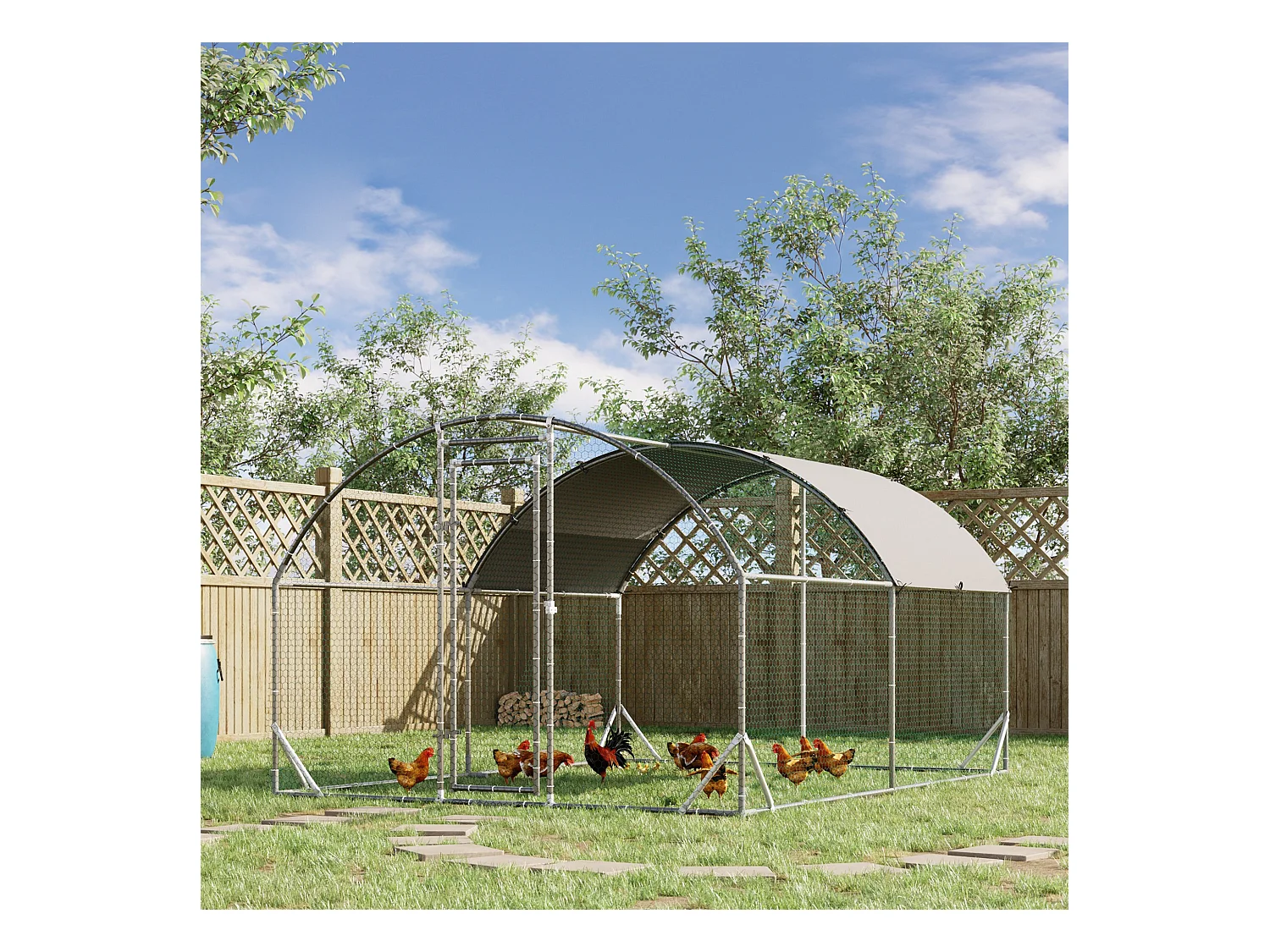 Volière extérieure pour poules et petits animaux, structure en acier galvanisé, toit résistant aux UV, couleur argent (280x380x197cm)