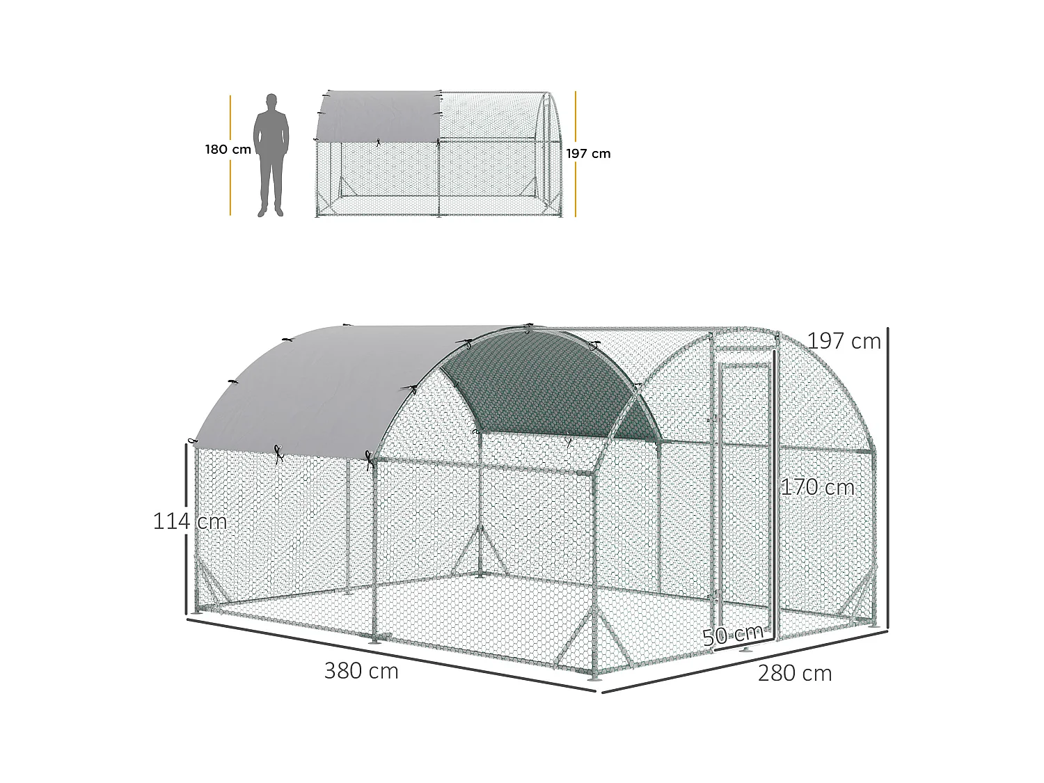 Volière extérieure pour poules et petits animaux, structure en acier galvanisé, toit résistant aux UV, couleur argent (280x380x197cm)