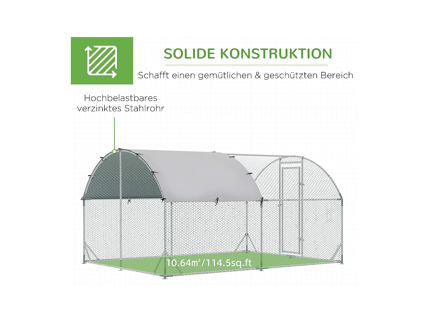 Volière extérieure pour poules et petits animaux, structure en acier galvanisé, toit résistant aux UV, couleur argent (280x380x197cm)