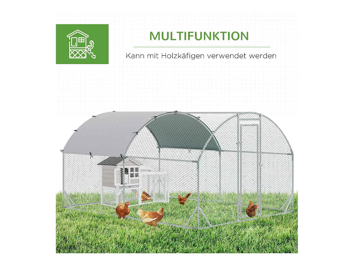 Volière extérieure pour poules et petits animaux, structure en acier galvanisé, toit résistant aux UV, couleur argent (280x380x197cm)