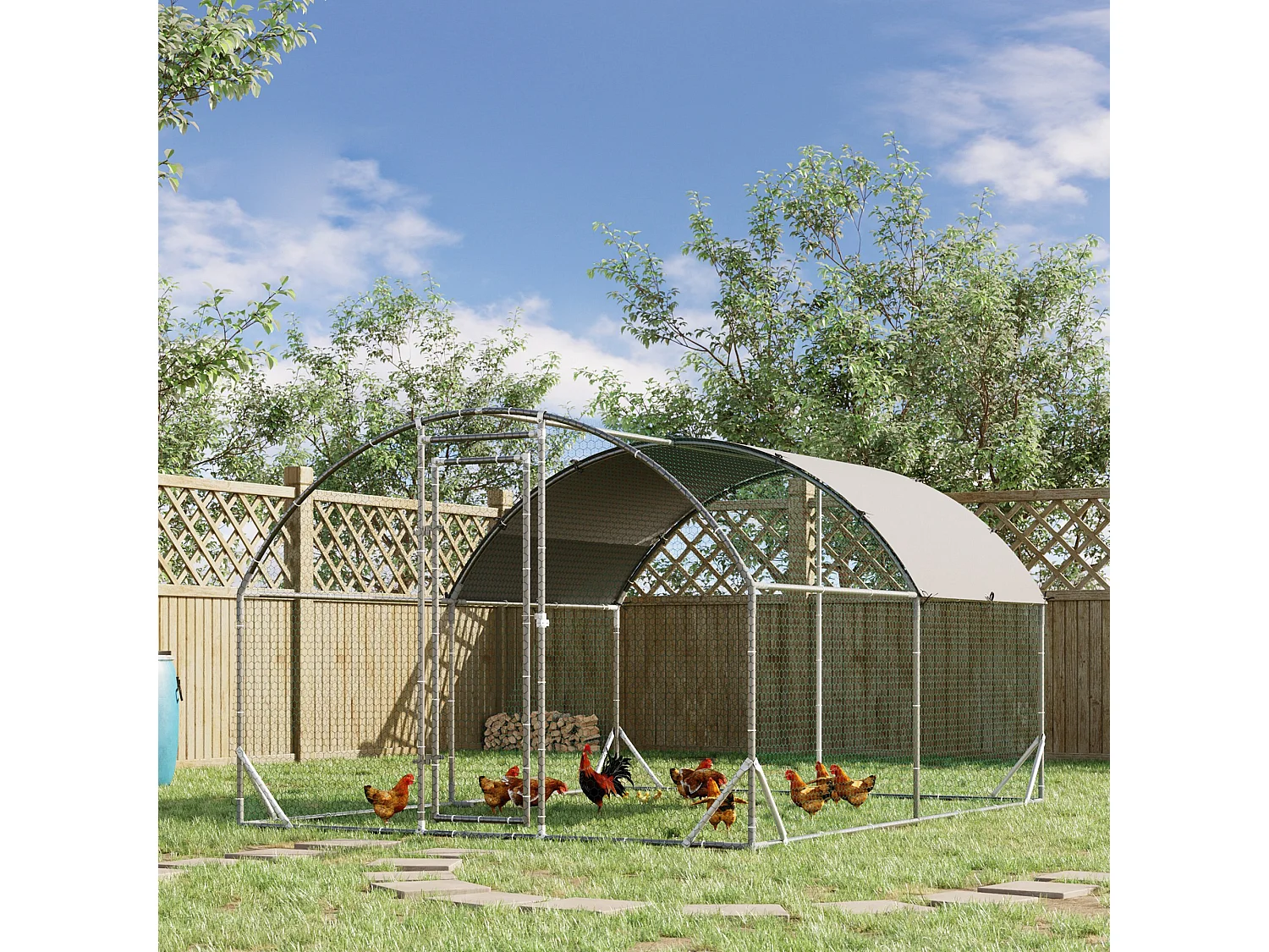 Volière extérieure pour poules et petits animaux, structure en acier galvanisé, toit résistant aux UV, couleur argent (280x380x197cm)