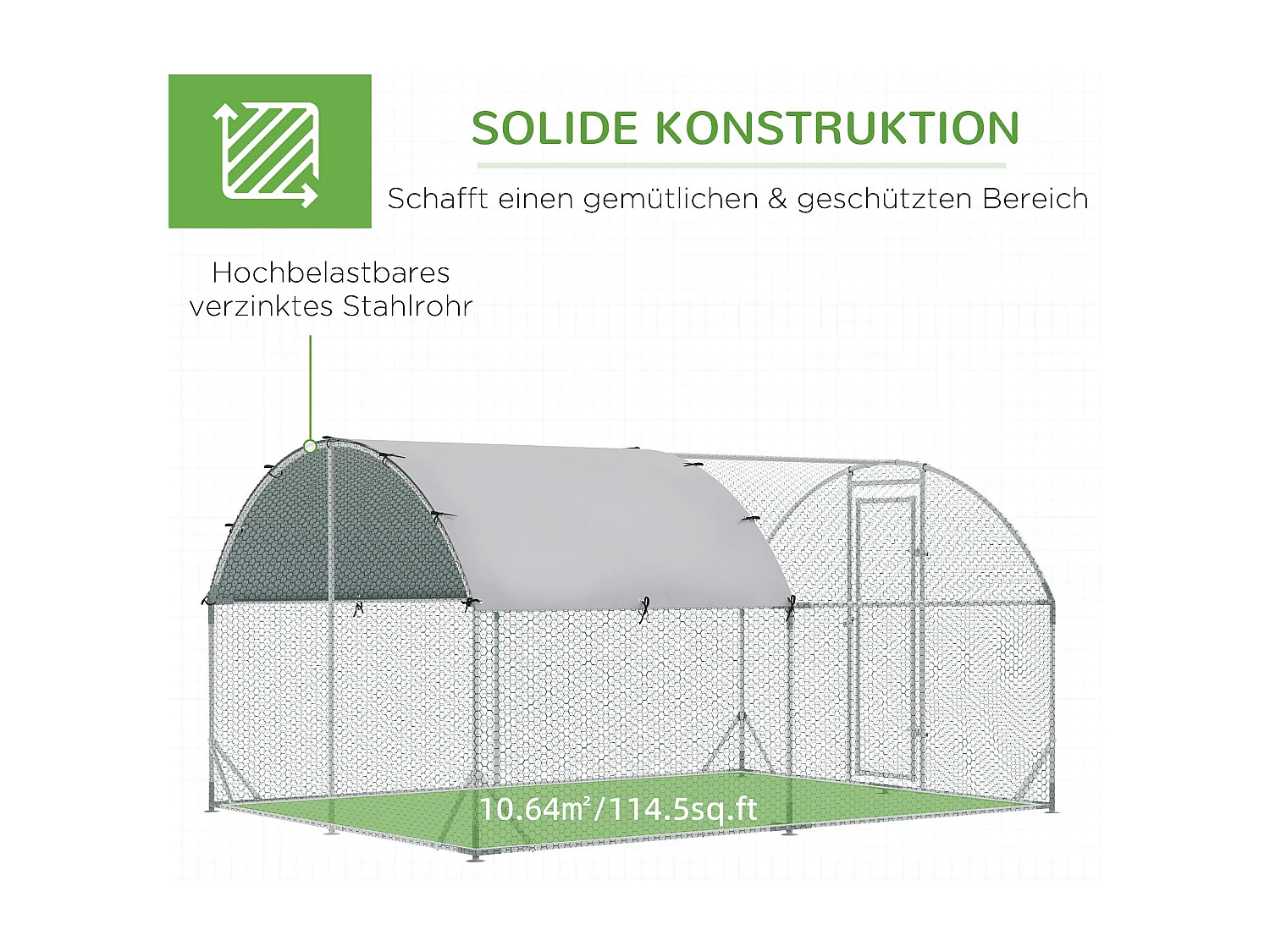 Volière extérieure pour poules et petits animaux, structure en acier galvanisé, toit résistant aux UV, couleur argent (280x380x197cm)