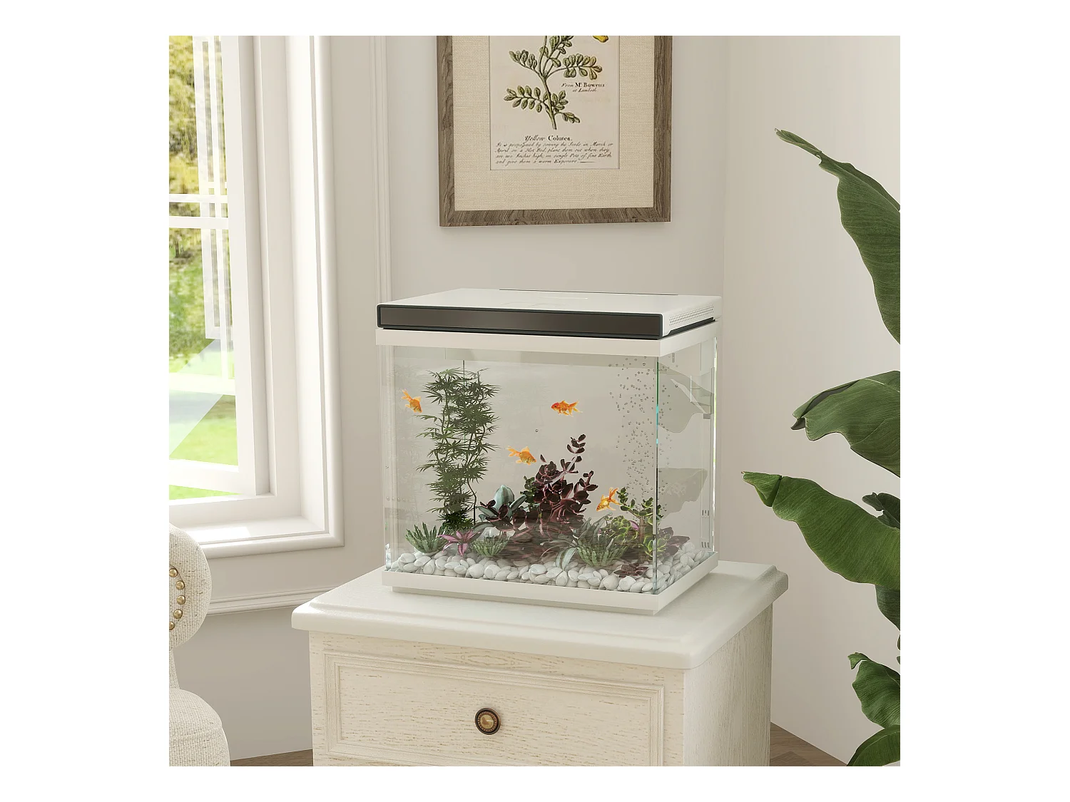 Aquarium complet 26L avec filtre, éclairage LED et pompe à eau, verre, blanc (38x26x37.6cm)