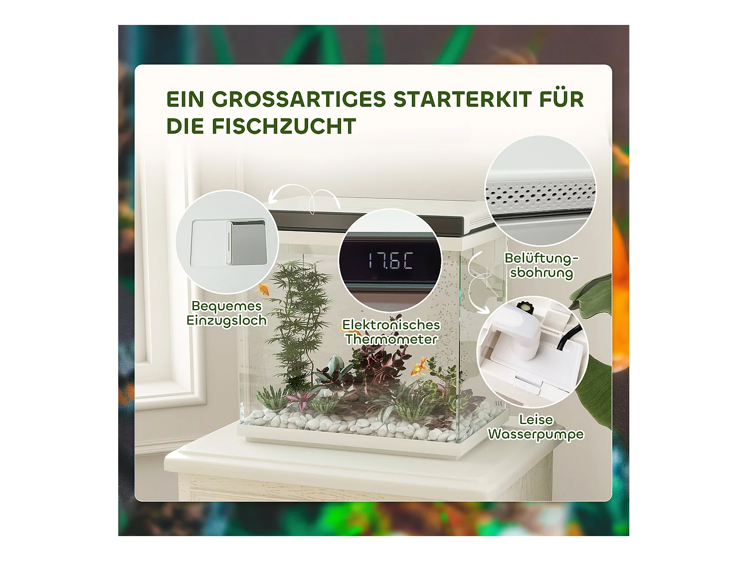 Aquarium complet 26L avec filtre, éclairage LED et pompe à eau, verre, blanc (38x26x37.6cm)