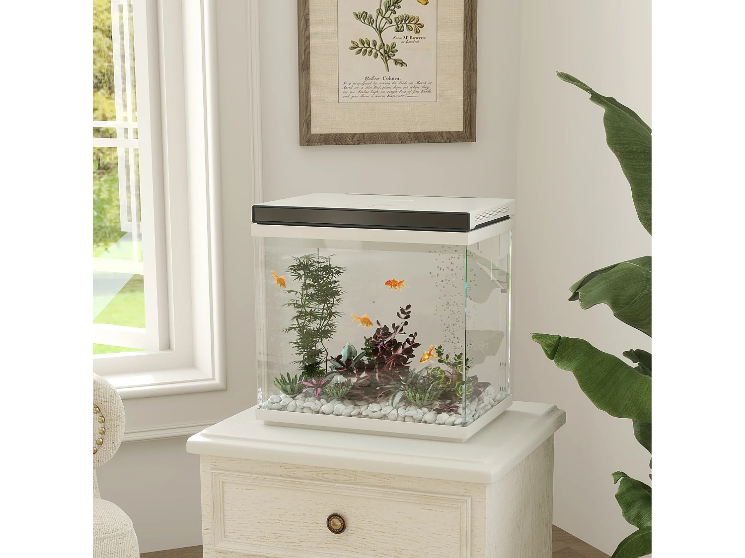 Aquarium complet 26L avec filtre, éclairage LED et pompe à eau, verre, blanc (38x26x37.6cm)