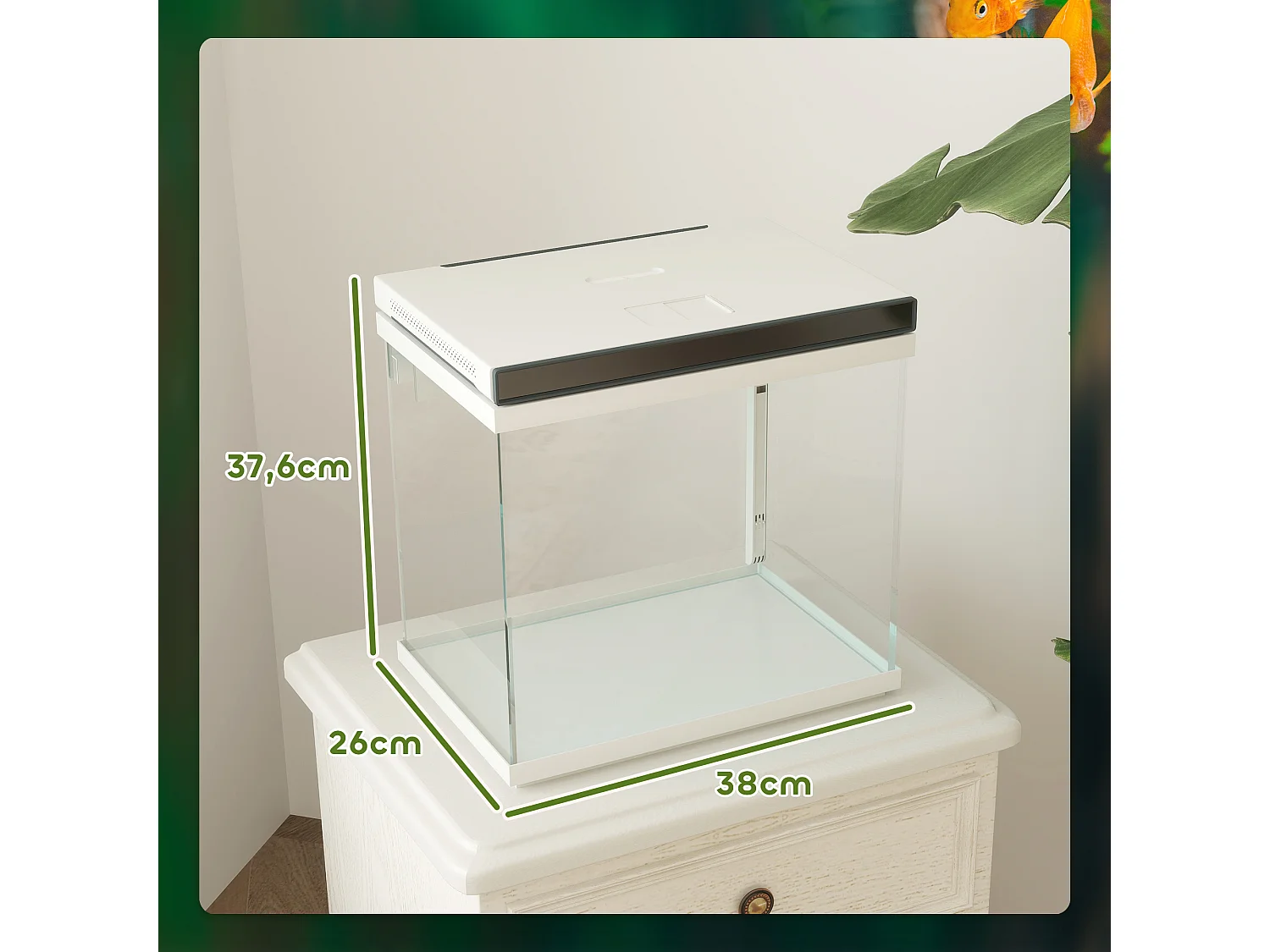 Aquarium complet 26L avec filtre, éclairage LED et pompe à eau, verre, blanc (38x26x37.6cm)