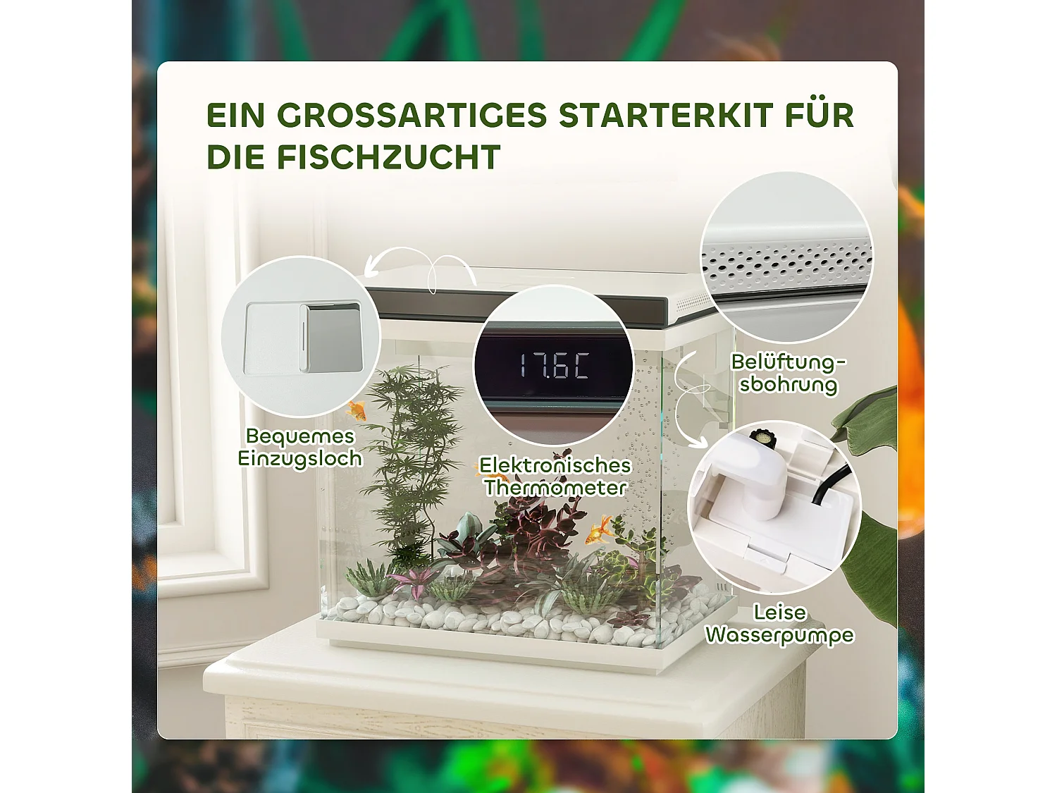 Aquarium complet 26L avec filtre, éclairage LED et pompe à eau, verre, blanc (38x26x37.6cm)