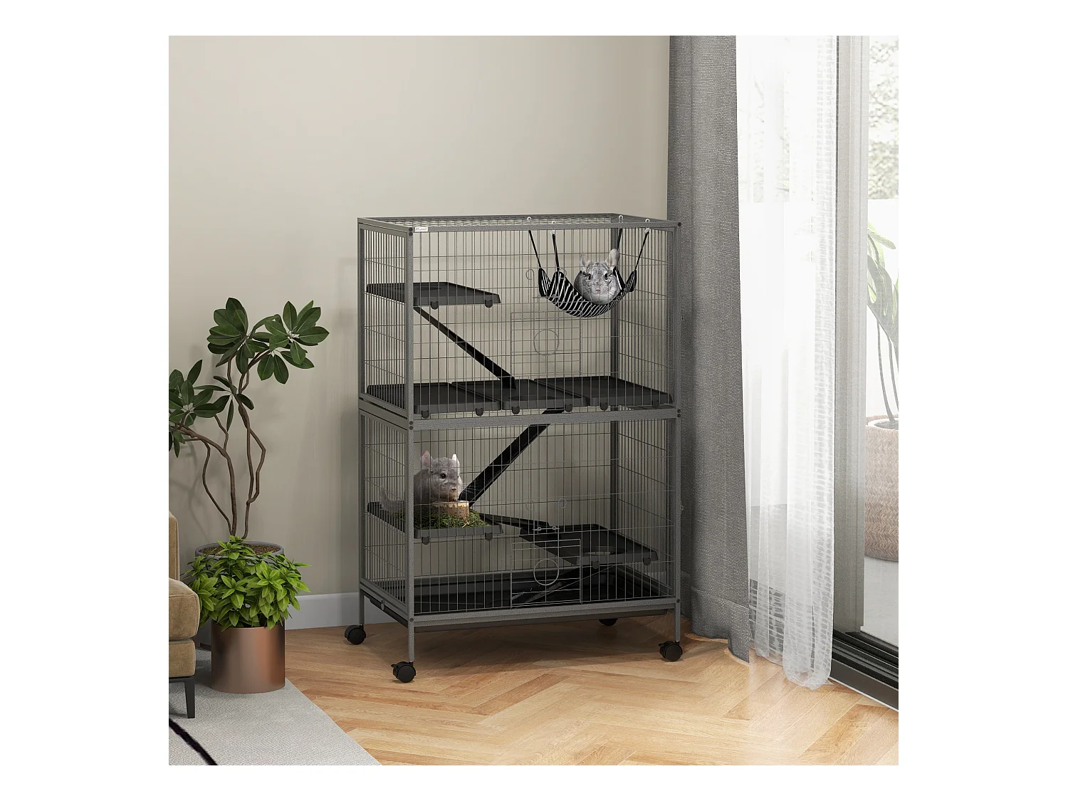 Gabbia multifunzionale per roditori, 4 piattaforme, 3 rampe, acciaio, grigio (80x52x128 cm)