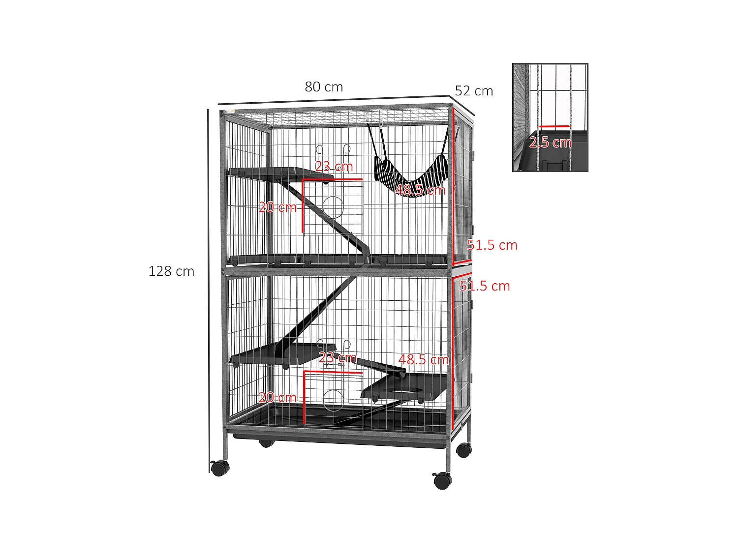 Gabbia multifunzionale per roditori, 4 piattaforme, 3 rampe, acciaio, grigio (80x52x128 cm)