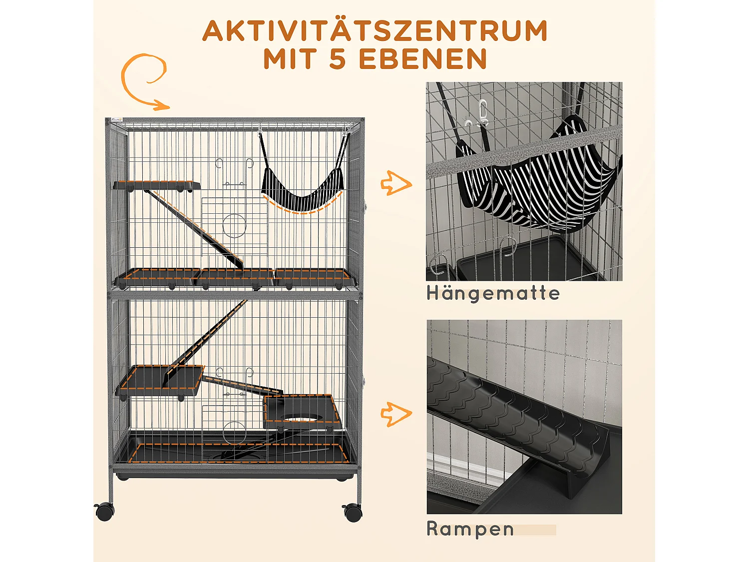 Gabbia multifunzionale per roditori, 4 piattaforme, 3 rampe, acciaio, grigio (80x52x128 cm)