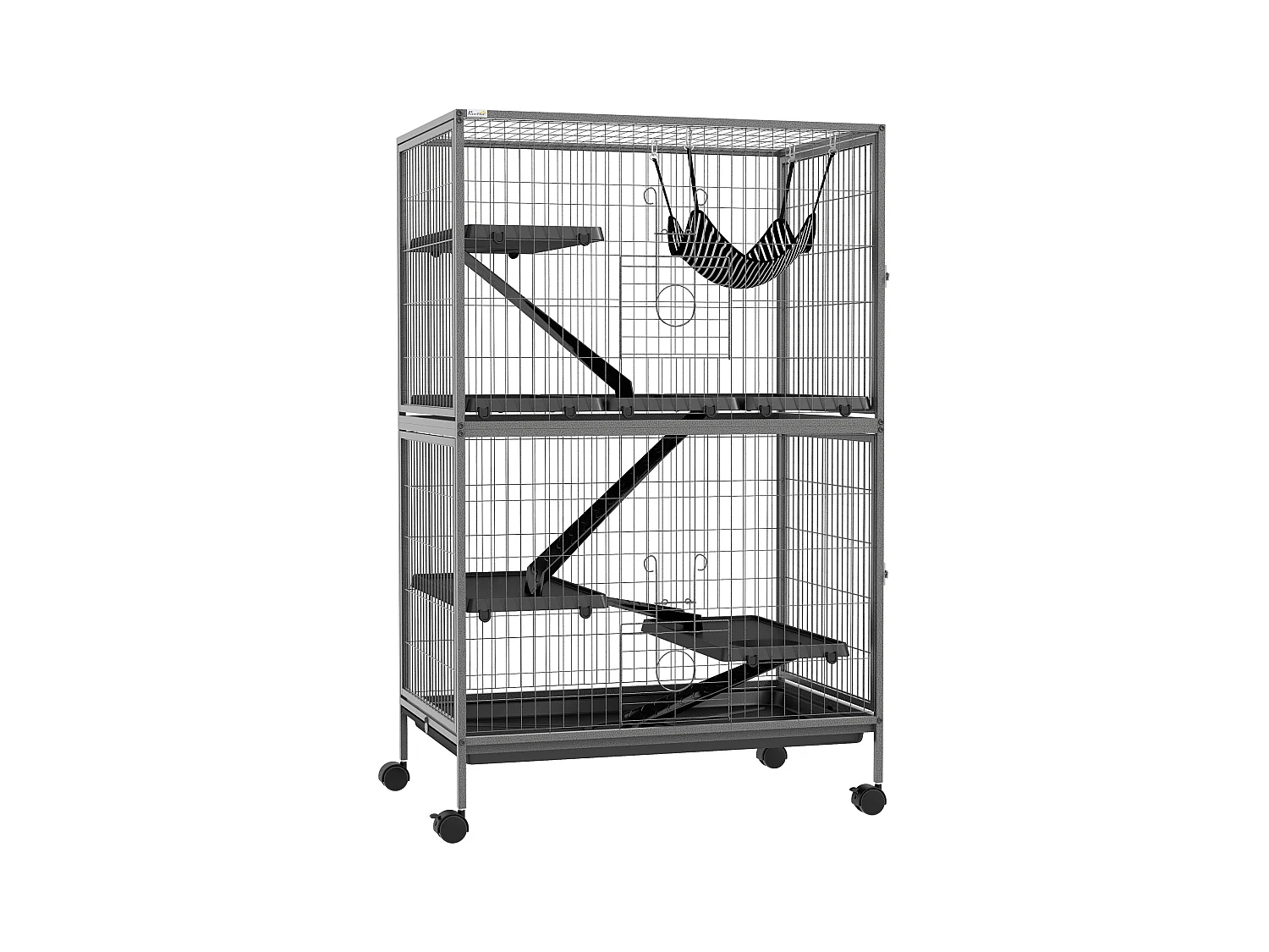 Cage multifonction pour rongeurs, 4 plateformes, 3 rampes, acier, gris (80x52x128 cm)