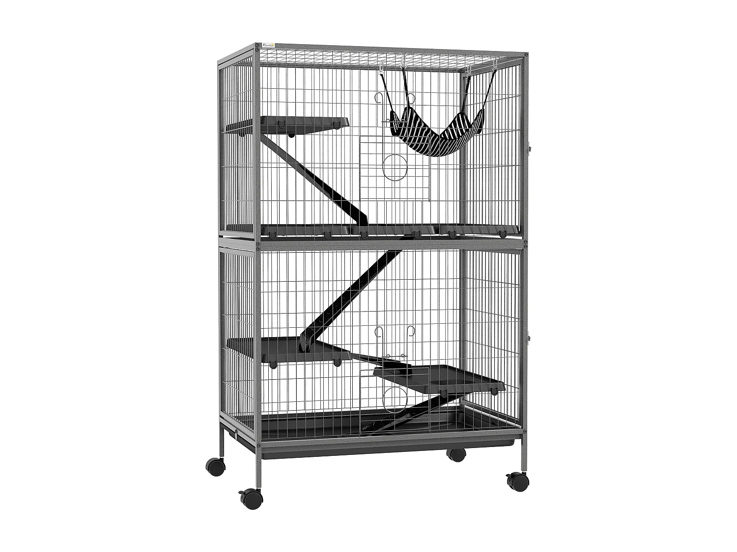 Gabbia multifunzionale per roditori, 4 piattaforme, 3 rampe, acciaio, grigio (80x52x128 cm)