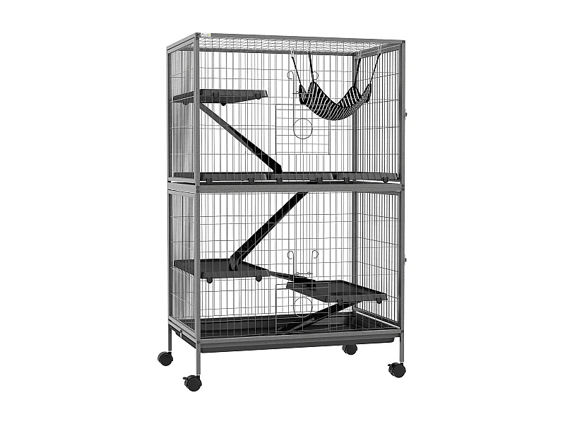 Gabbia multifunzionale per roditori, 4 piattaforme, 3 rampe, acciaio, grigio (80x52x128 cm)